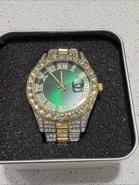 Men's Green Dial Gold & Silver Crystal Bracelet Watch